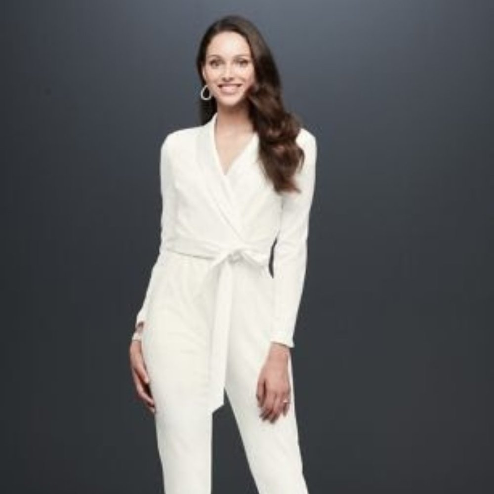 Adrianna Papell for David's Bridal Wrap-Front Tuxedo Jumpsuit with Satin Sash